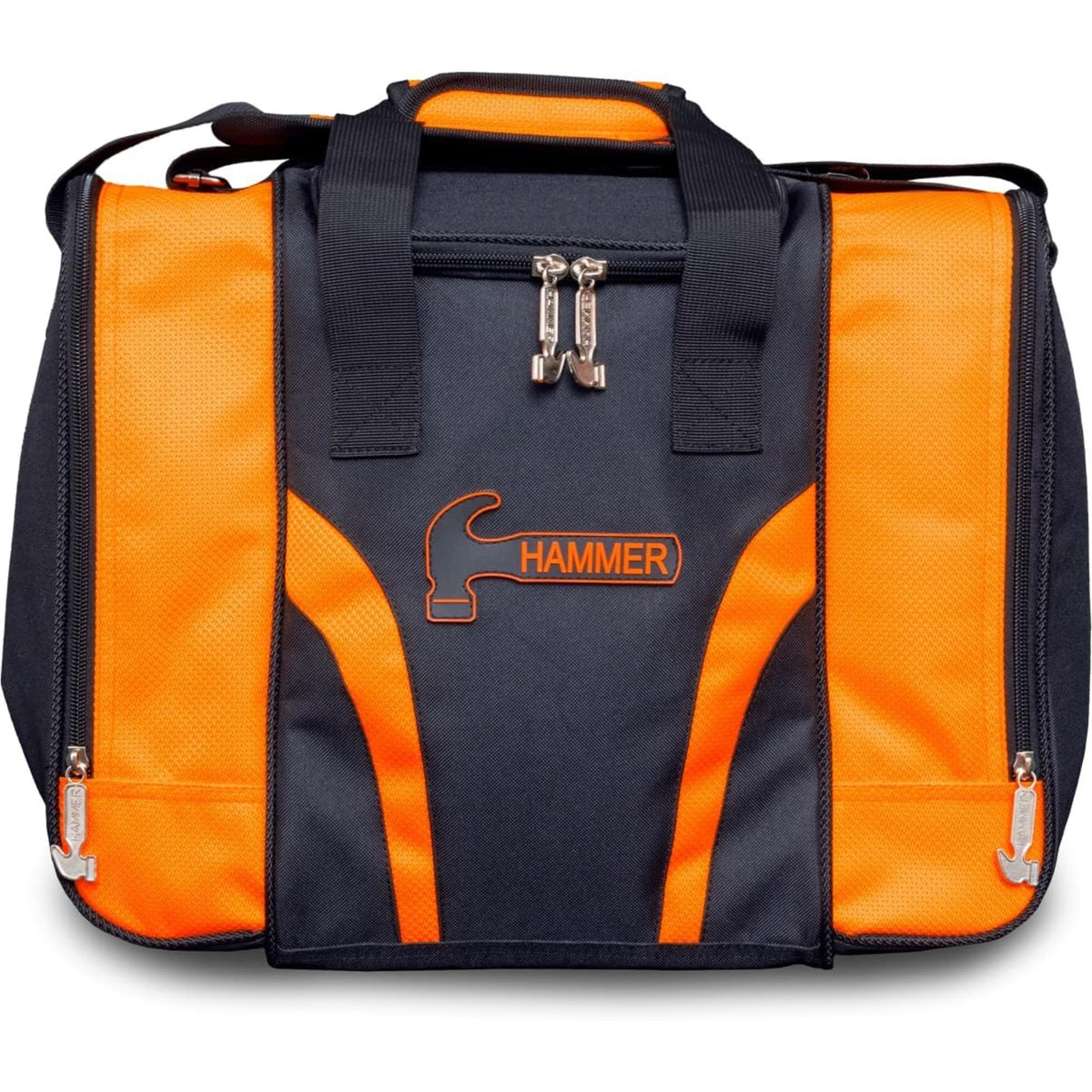 Single tote bowling bag with carrying handles, zippered compartments, and side pockets for storing one bowling ball and accessories.
