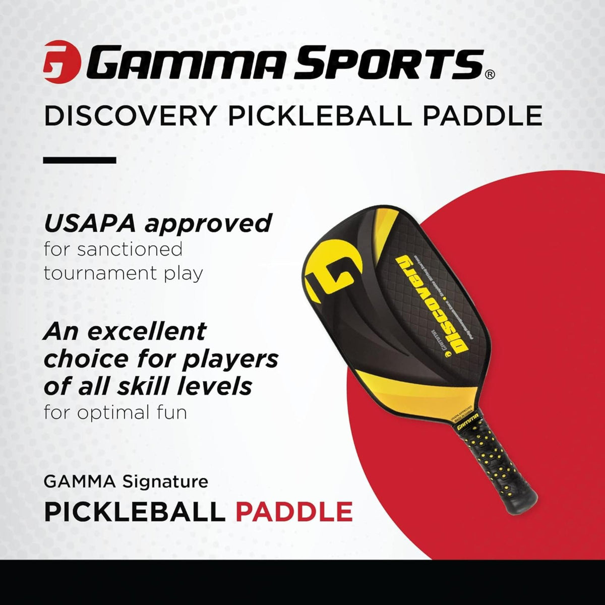 Pickleball paddle with a wide composite face, perforated surface pattern, and cushioned grip handle designed for control and durability.