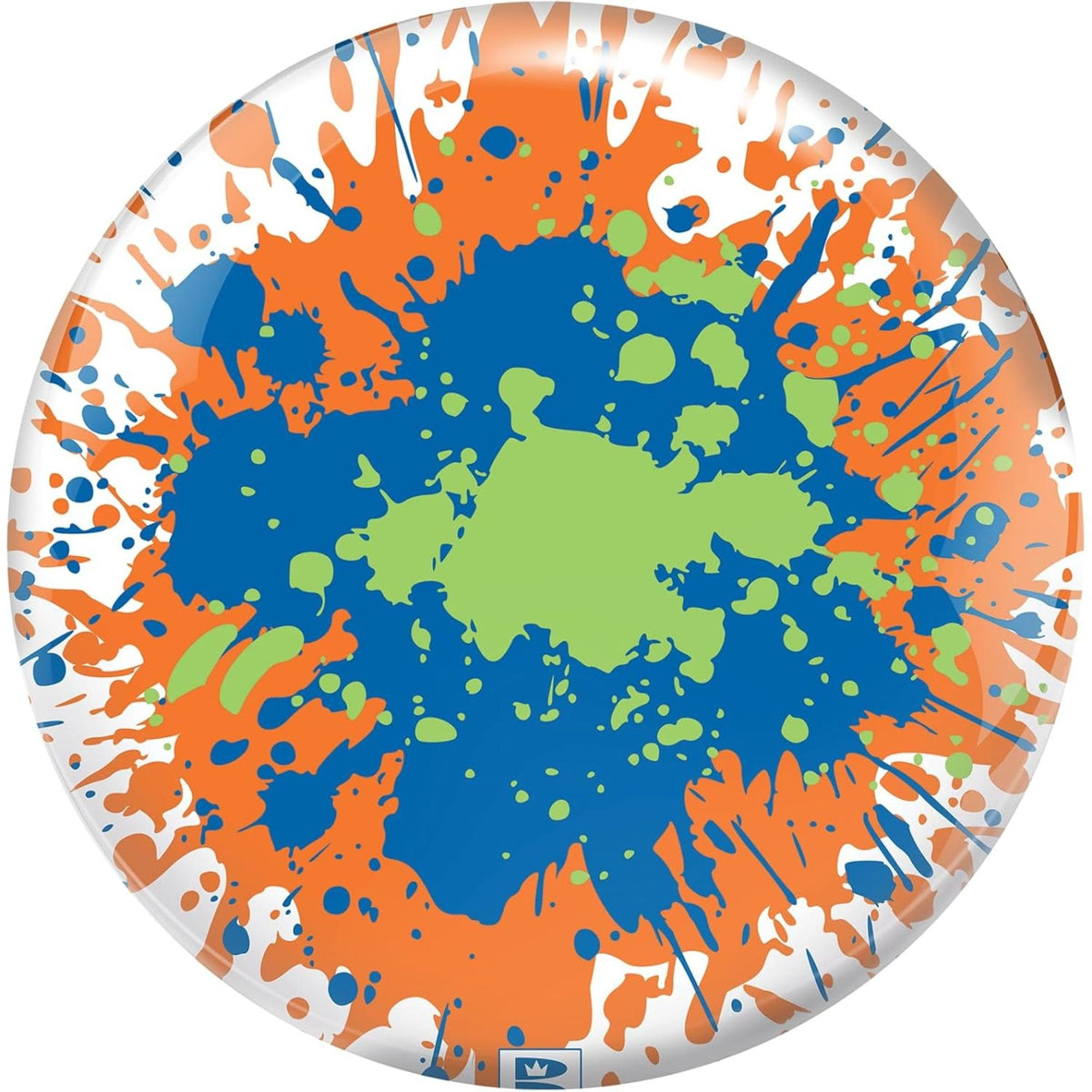 Bowling ball featuring a paint splatter design with abstract splashes and drips covering the surface in a bold, artistic pattern.