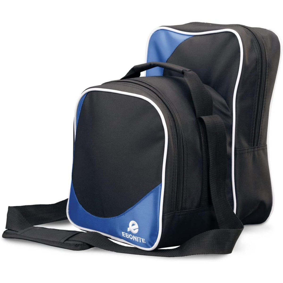 Compact bowling bag with zippered compartments, carry handle, and adjustable shoulder strap for convenient storage and transport of bowling gear.