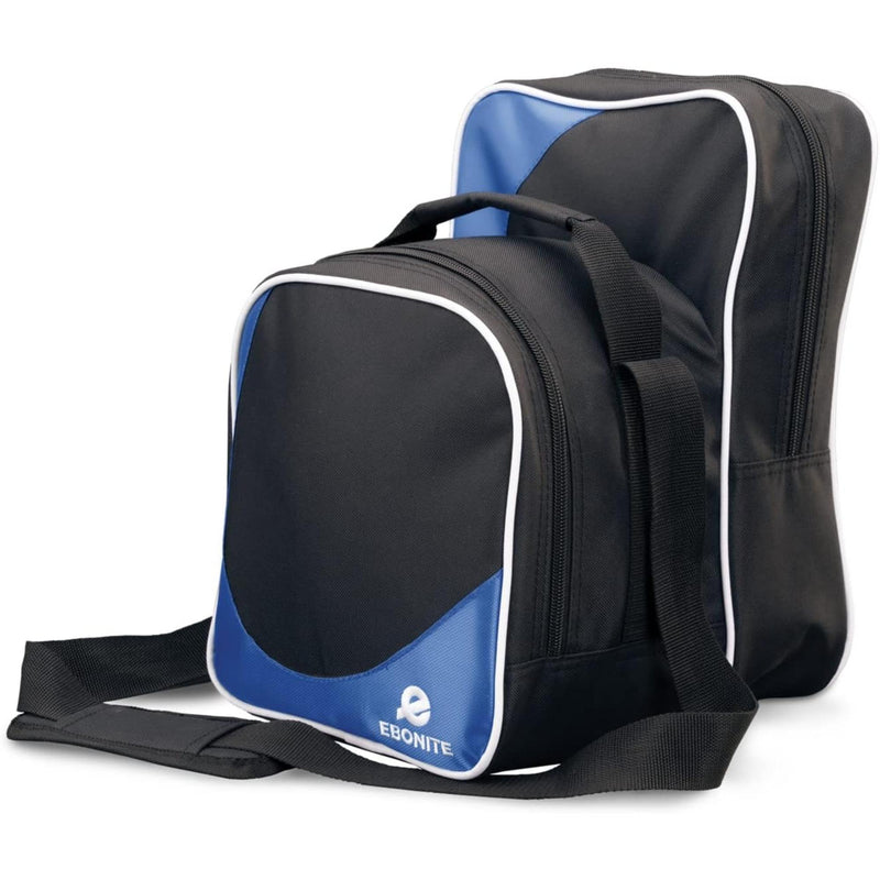 Compact bowling bag with zippered compartments, carry handle, and adjustable shoulder strap for convenient storage and transport of bowling gear.