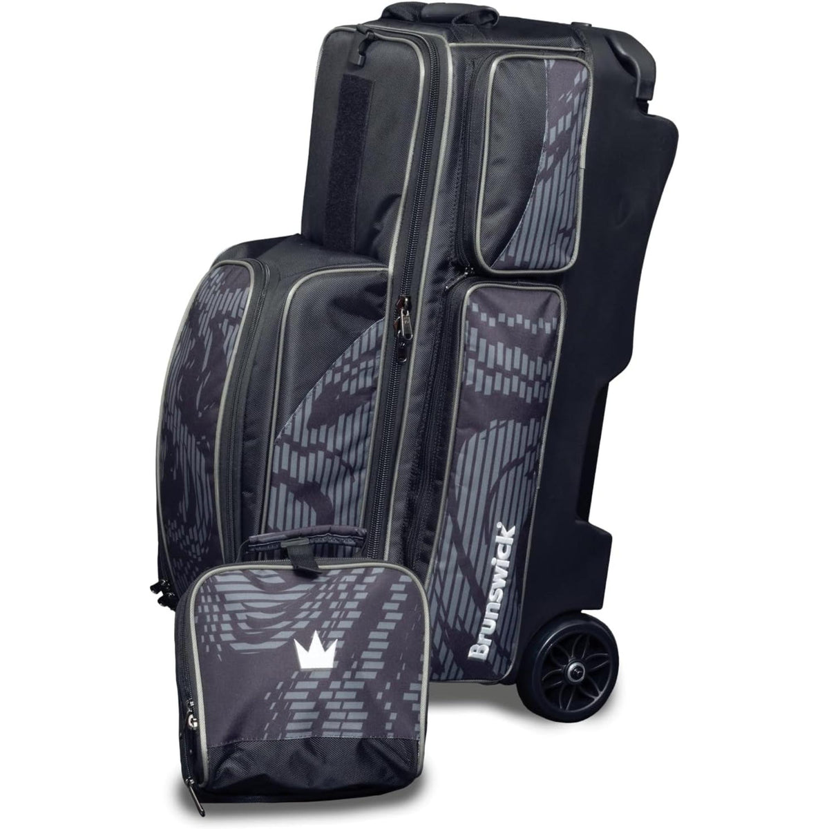 Triple bowling ball roller bag with an extendable handle, durable wheels, multiple zippered compartments, and structured design for organized transport of bowling balls and accessories.