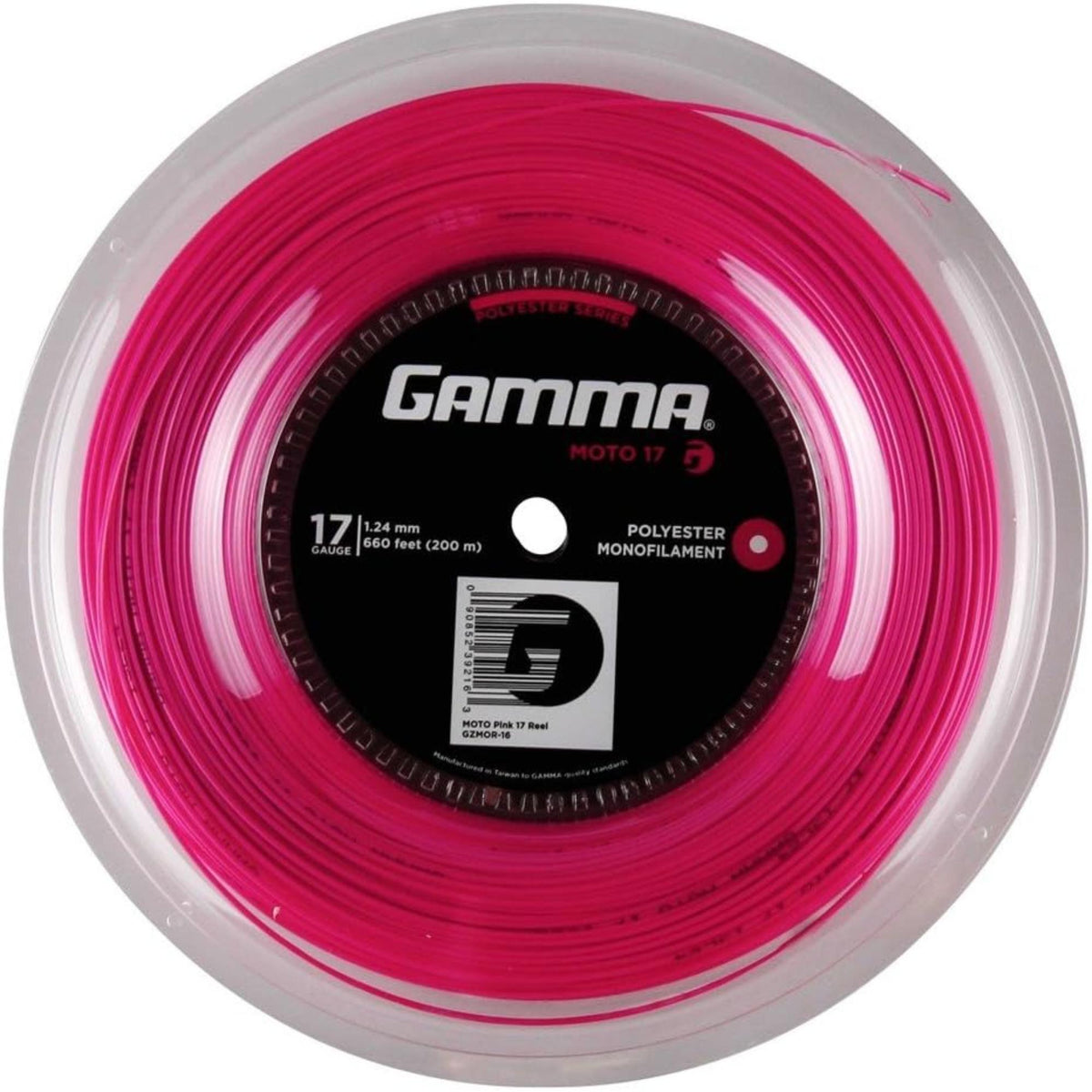 Reel of polyester monofilament tennis string packaged in a circular spool with central label, designed for high spin and durability.