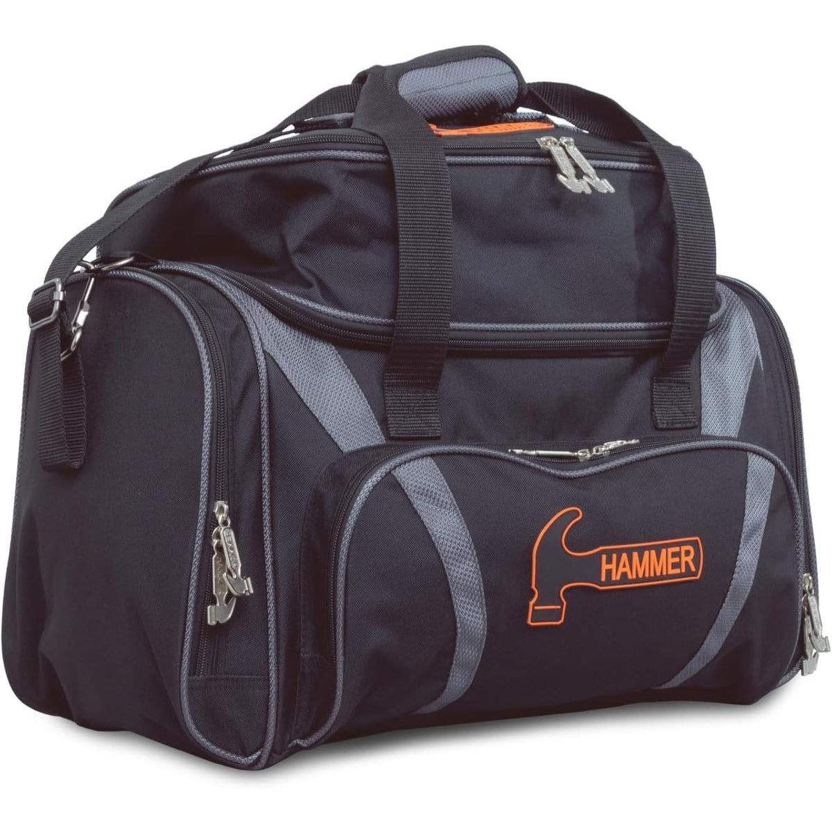 Double tote bowling bag with carrying handles, shoulder strap, and multiple zippered compartments for transporting two bowling balls and accessories.