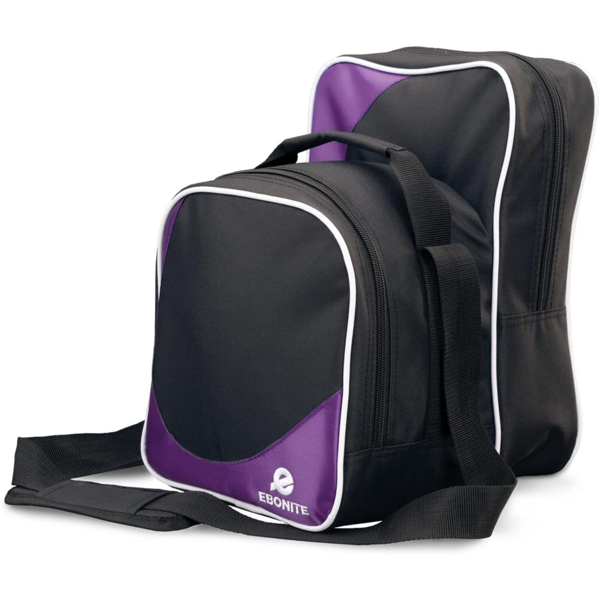 Compact bowling bag with zippered compartments, carry handle, and adjustable shoulder strap for convenient storage and transport of bowling gear.