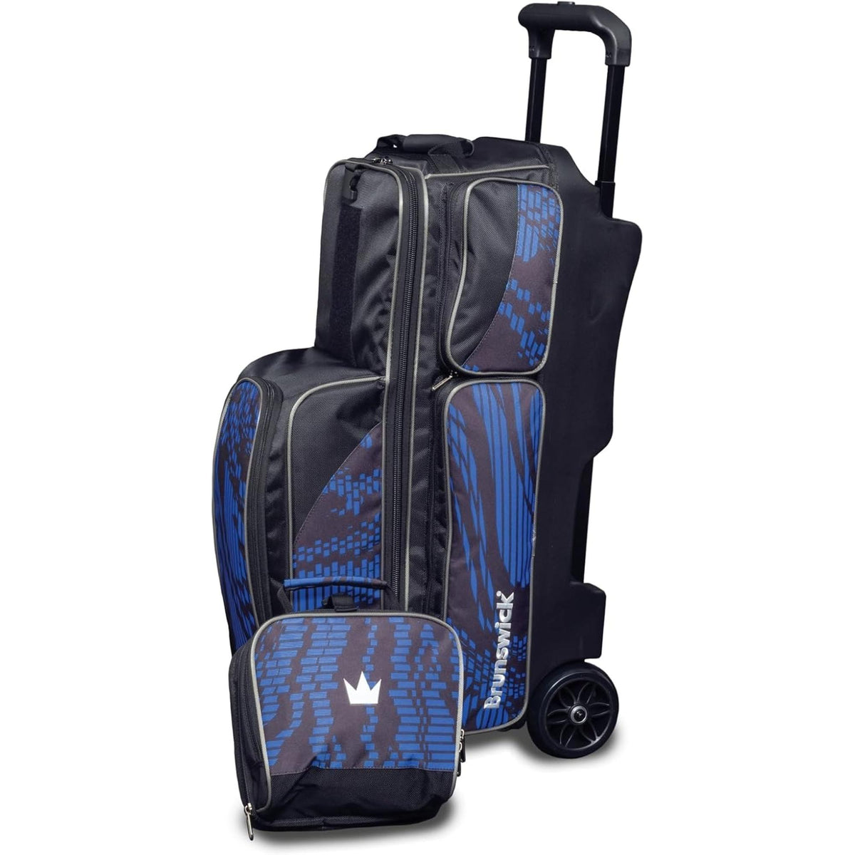 Triple bowling ball roller bag with an extendable handle, durable wheels, multiple zippered compartments, and structured design for organized transport of bowling balls and accessories.