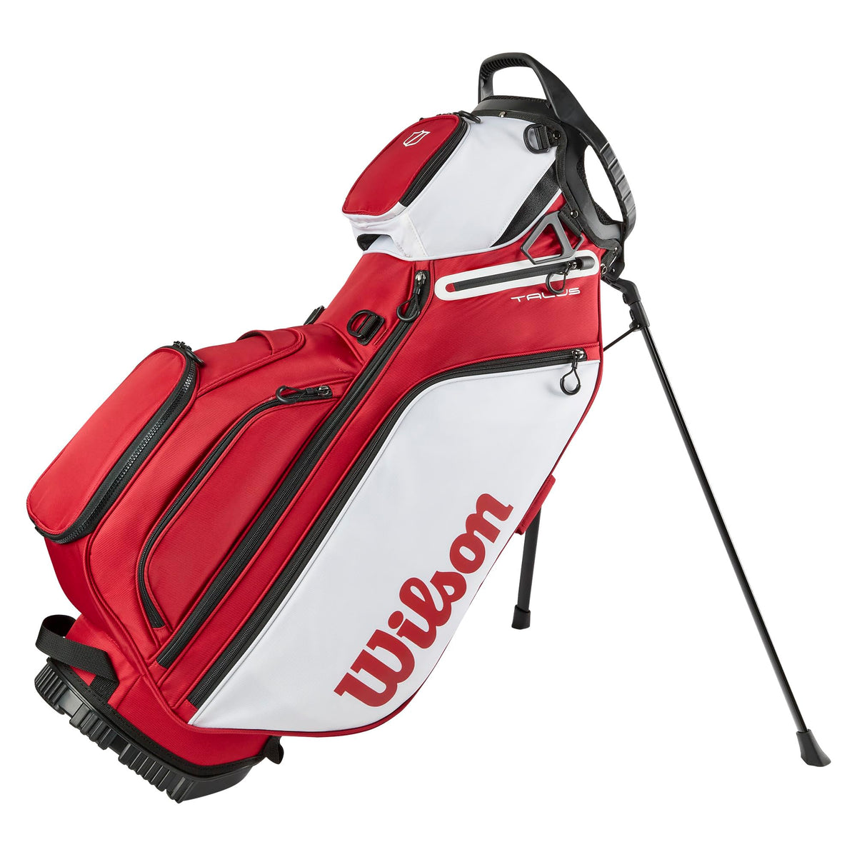 Wilson Talus 5 Stand Bag in Staff Red with five-way top, nine pockets, and integrated stand legs on a white background.