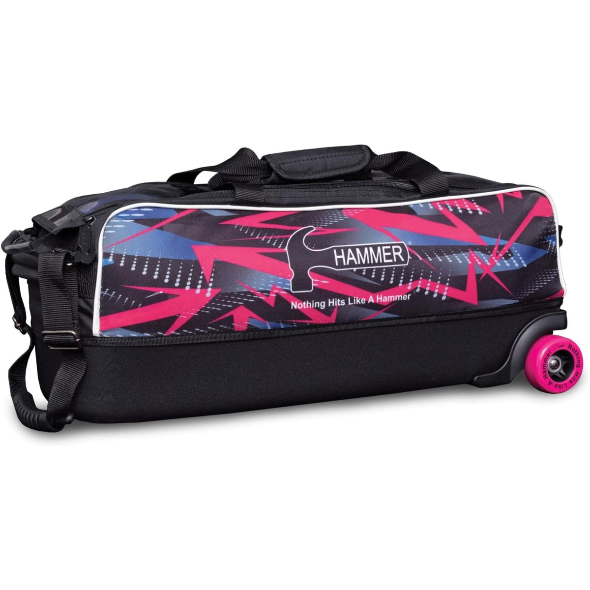 Triple tote bowling bag with wheels, carrying handles, shoulder strap, and zippered compartments for transporting multiple bowling balls and accessories.