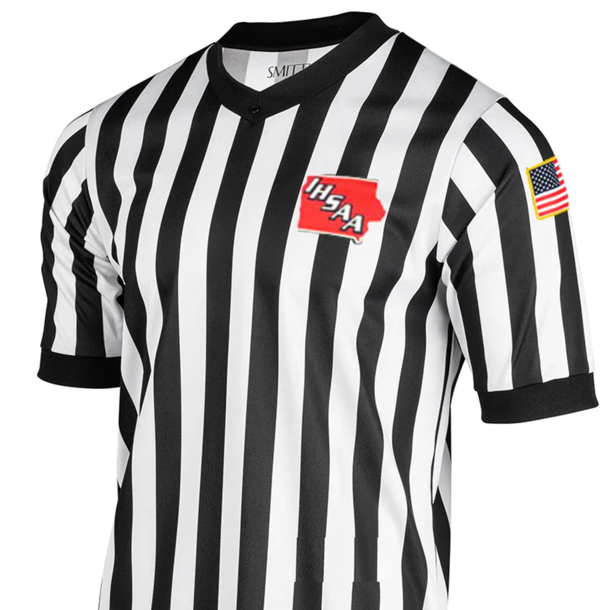 Smitty Iowa IHSAA Logo Men's Basketball Referee Shirts in Black and White - Front View
