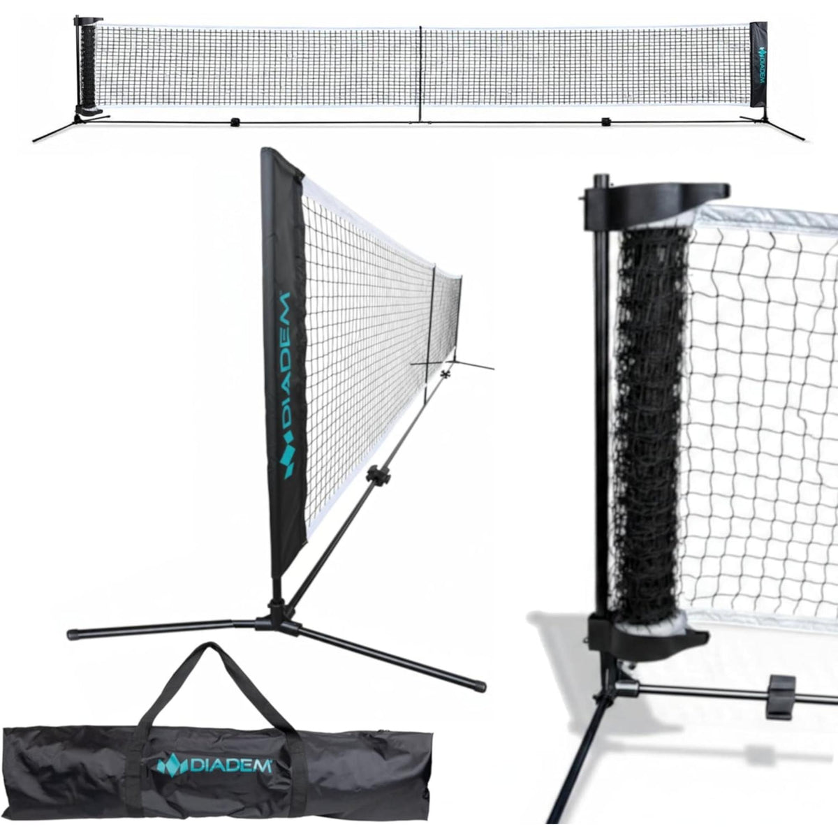 Portable rollout pickleball or junior tennis net system with full-width net, support frame, and feature highlights including roll-up design, knotless netting, foam brackets, extension support, and durable joints.