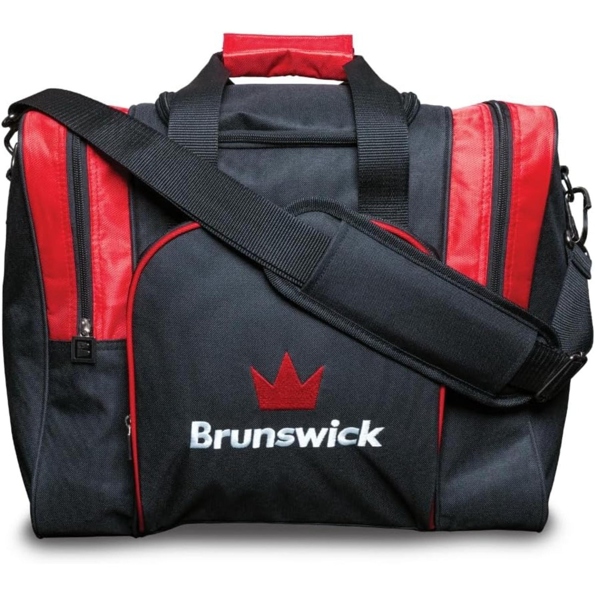 Single bowling ball tote bag with a zippered main compartment, padded shoulder strap, and multiple accessory pockets for convenient storage and transport.