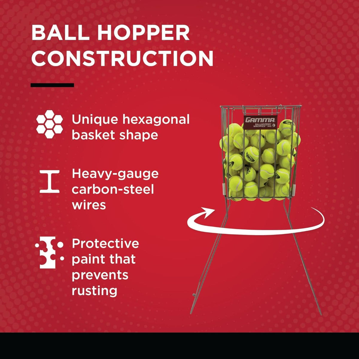 Wire tennis ball hopper basket filled with multiple tennis balls, featuring a foldable handle for easy transport and storage.