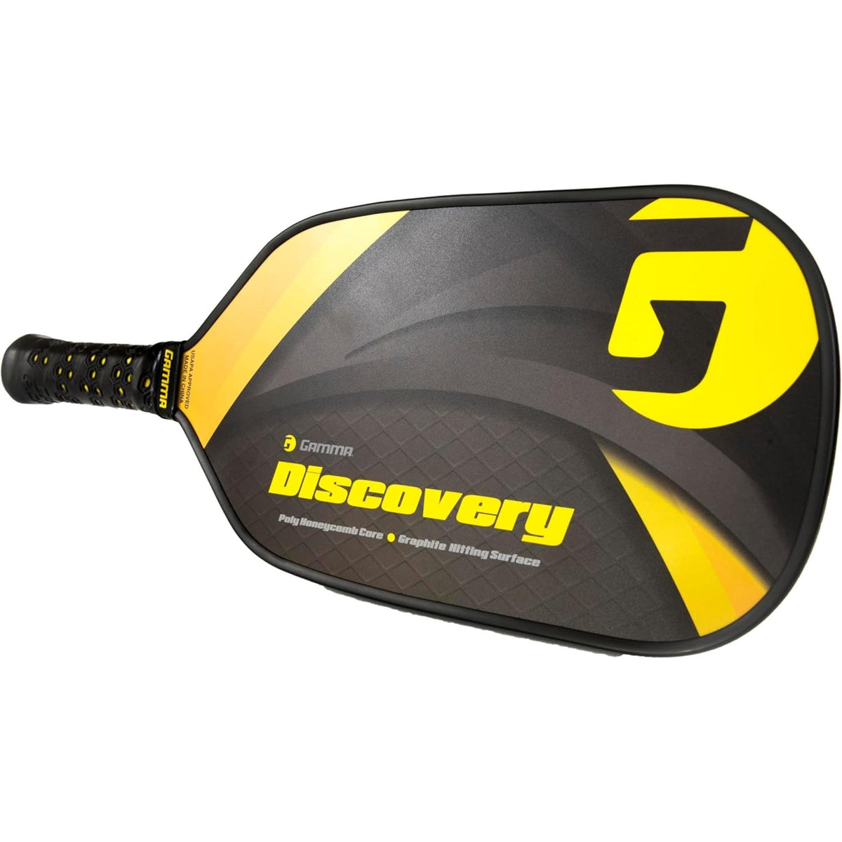 Pickleball paddle with a wide composite face, perforated surface pattern, and cushioned grip handle designed for control and durability.