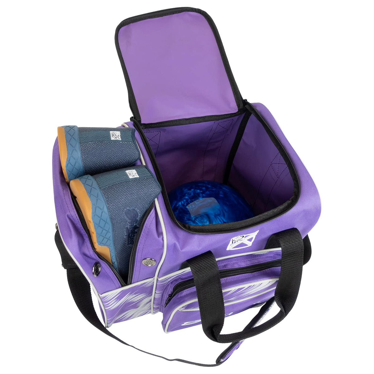 KR Strikeforce Flexx Single Tote Bowling Bag with Side Shoe Compartment and Front Accessory Compartment (Purple/Silver) - view 3