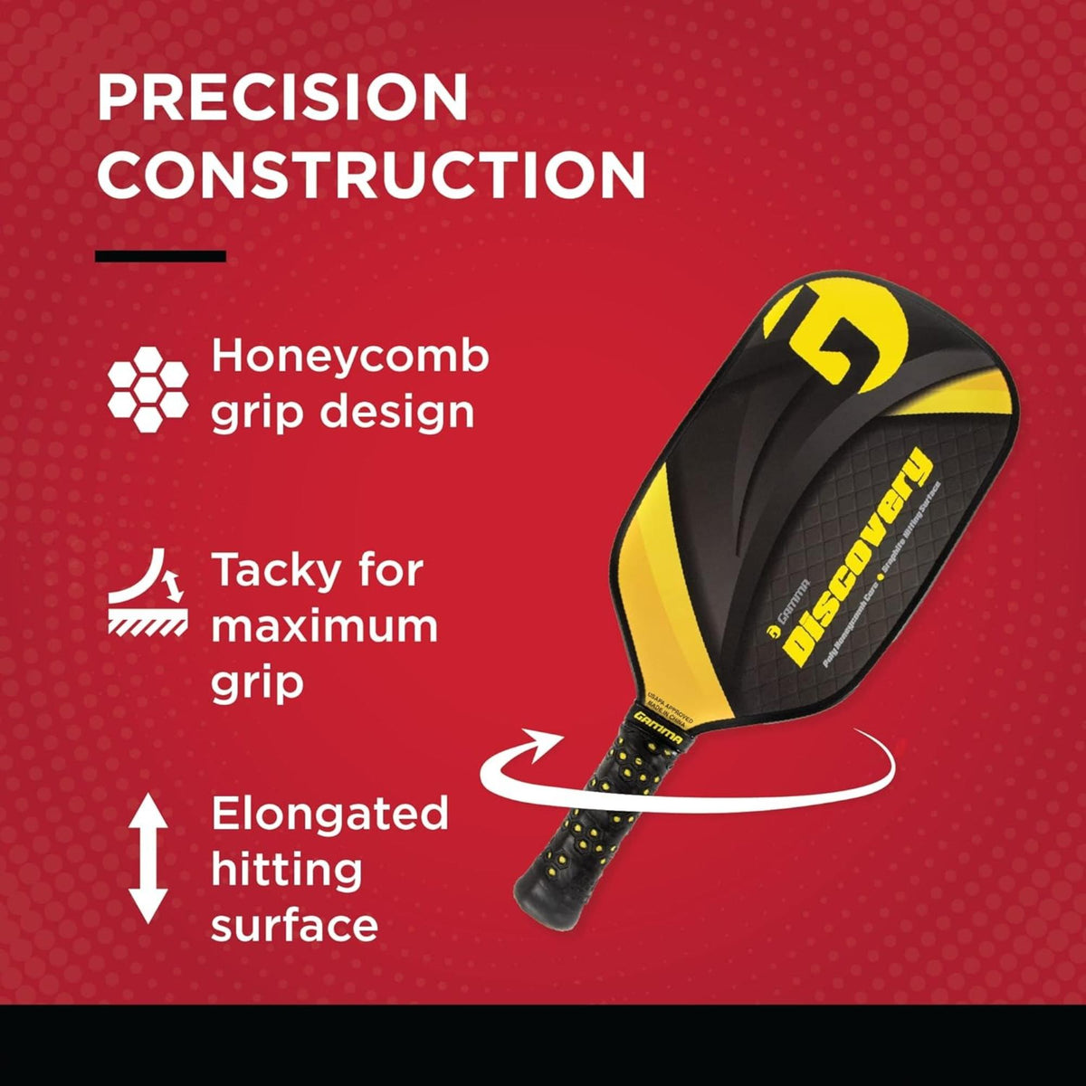 Pickleball paddle with a wide composite face, perforated surface pattern, and cushioned grip handle designed for control and durability.