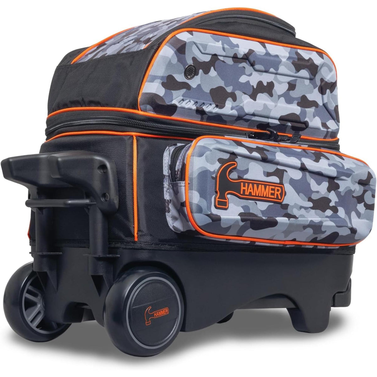 Double roller bowling bag with telescoping handle, wheels, hard shell panels, and multiple zippered compartments for secure storage and easy transport of bowling equipment.
