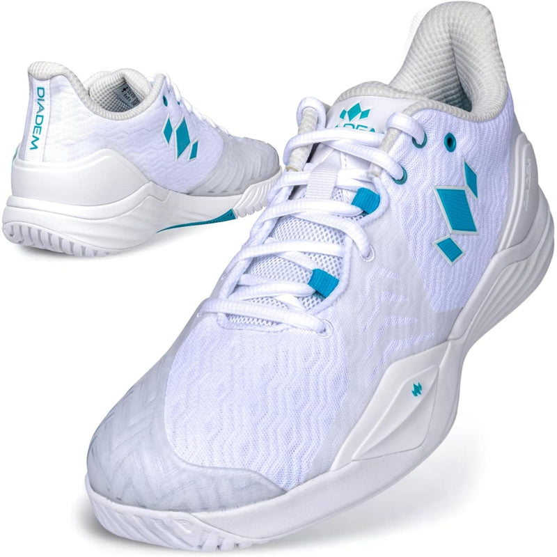Court tennis shoe with lace-up design, cushioned sole, and supportive structure designed for stability and traction on hard court surfaces.