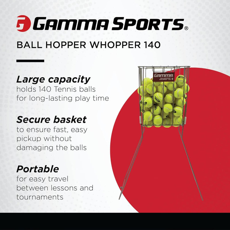Wire tennis ball hopper basket filled with multiple tennis balls, featuring a foldable handle for easy transport and storage.