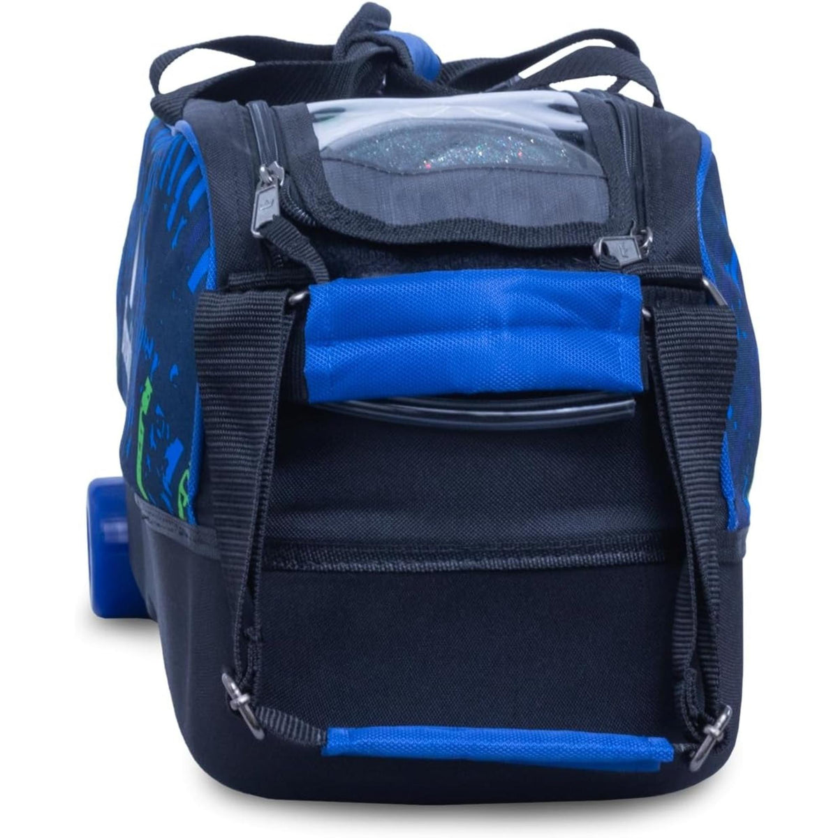 Triple bowling ball roller bag with wheels and handle, featuring multiple compartments, zippered storage pockets, and reinforced straps for easy transport and organization of gear.