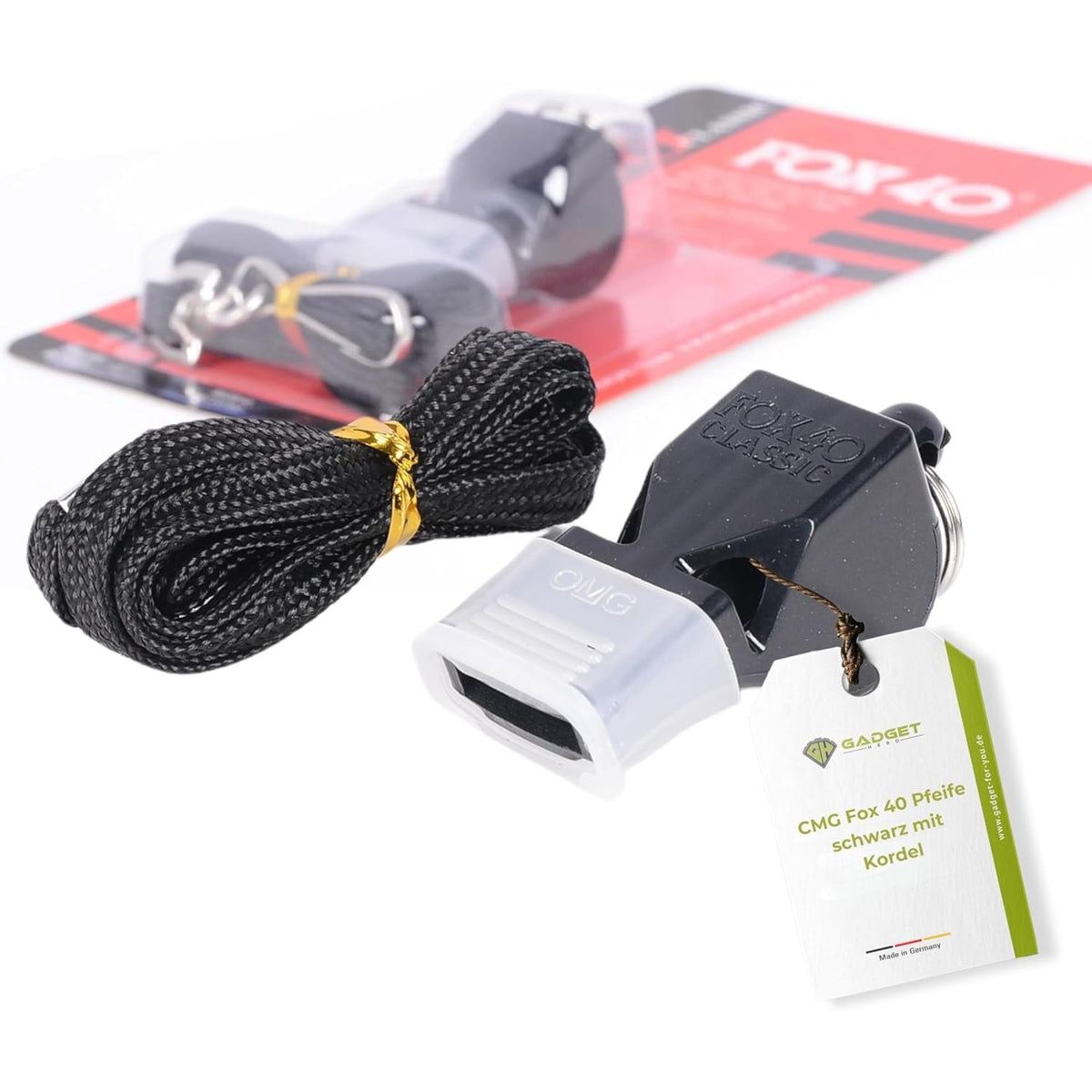 Safety whistle with attached breakaway lanyard, designed for loud, clear signaling during sports, training, or emergency situations.