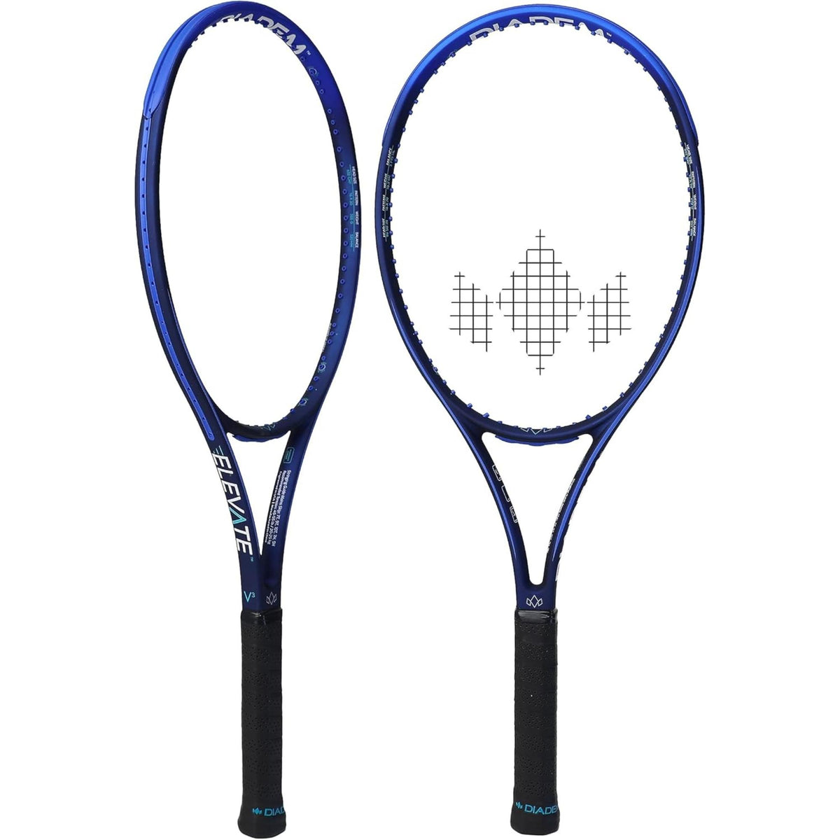 Diadem Elevate ELT tennis racket shown from front and side views, featuring an open string bed and standard grip handle.