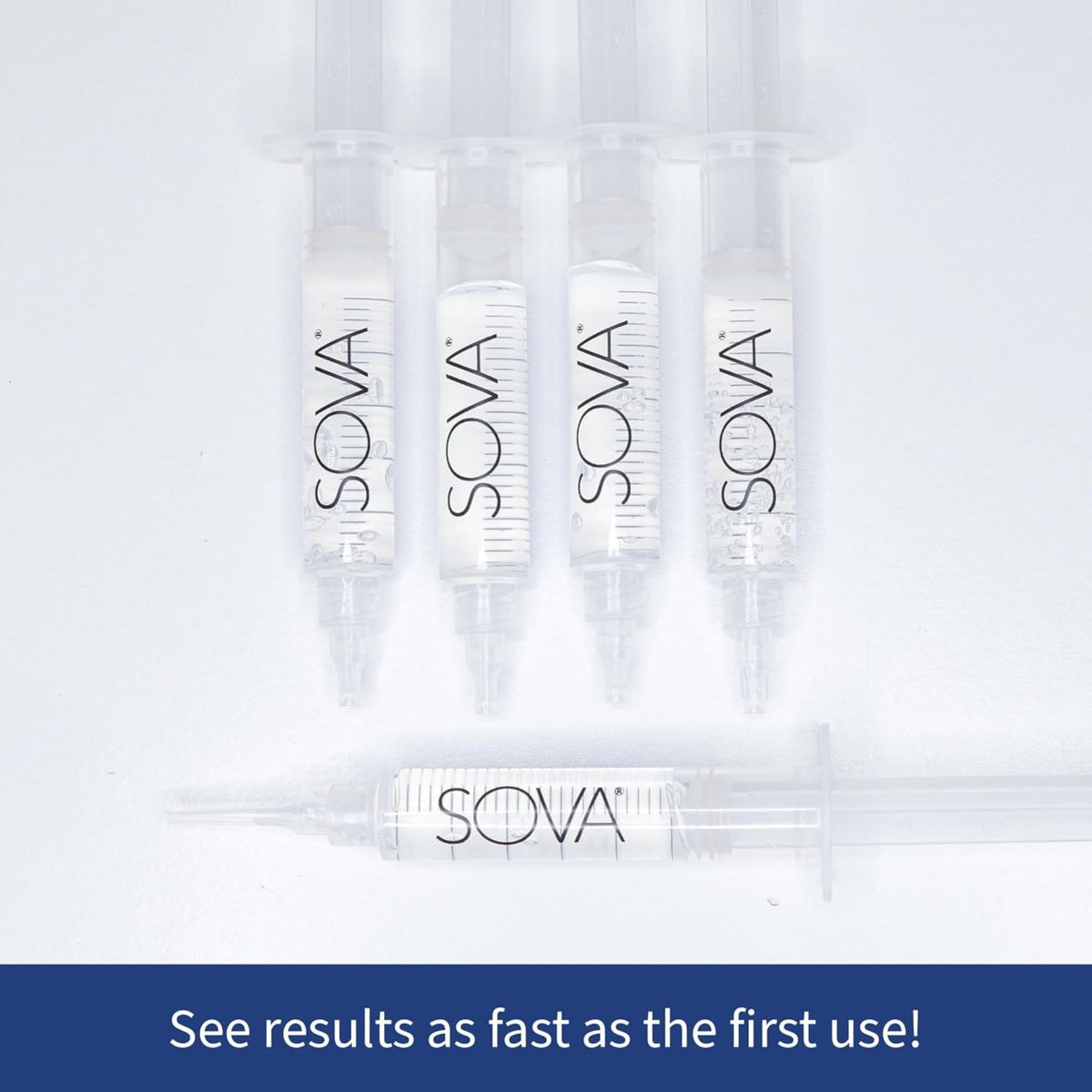 Pack of five teeth whitening gel syringes for dental treatment with peroxide.