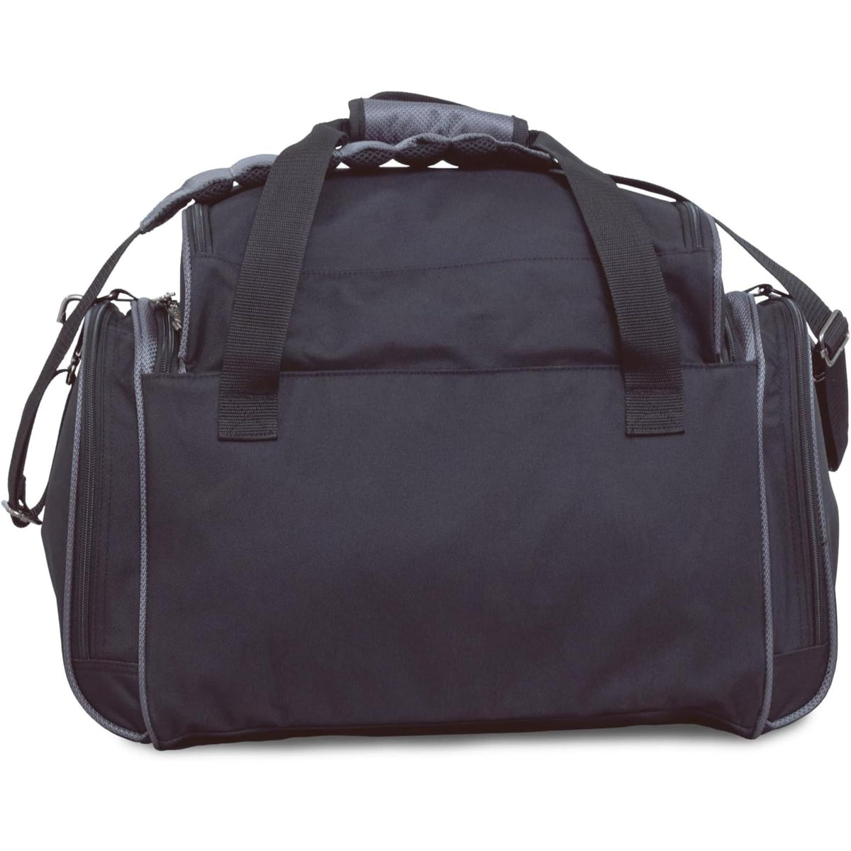 Double tote bowling bag with carrying handles, shoulder strap, and multiple zippered compartments for transporting two bowling balls and accessories.