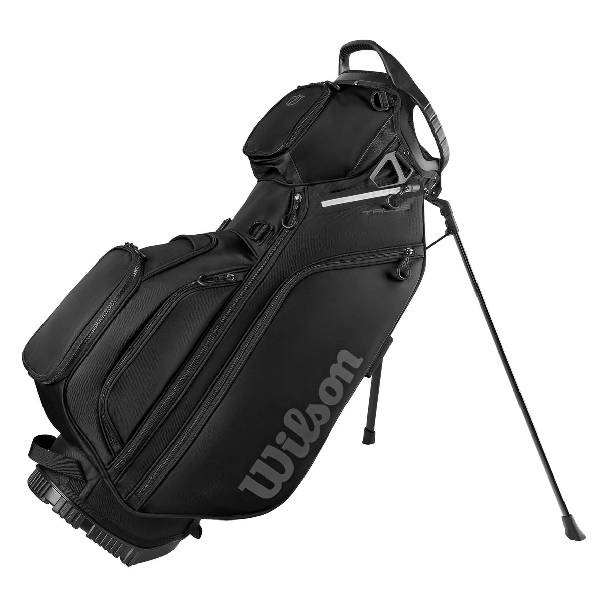 Wilson Talus 5 Stand Bag in Black and White with five-way top, nine pockets, and integrated stand legs on a white background.