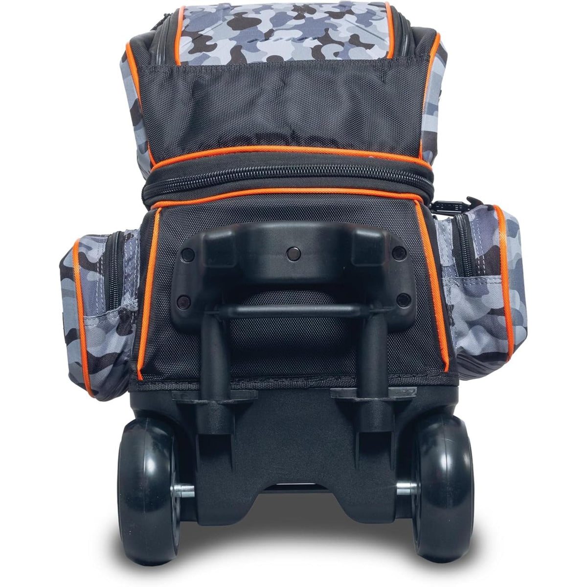 Double roller bowling bag with telescoping handle, wheels, hard shell panels, and multiple zippered compartments for secure storage and easy transport of bowling equipment.