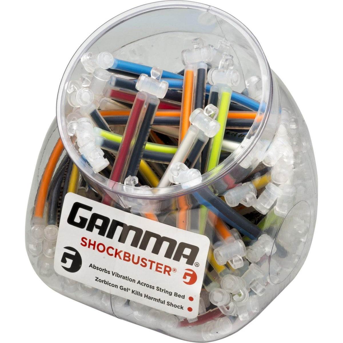 Container filled with tennis string dampeners designed to reduce vibration and improve comfort during play.
