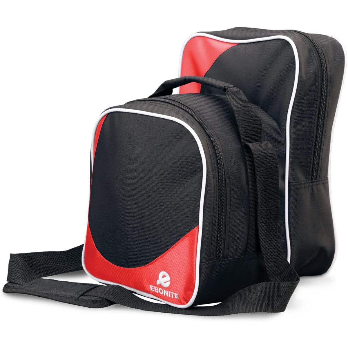 Compact bowling bag with zippered compartments, carry handle, and adjustable shoulder strap for convenient storage and transport of bowling gear.