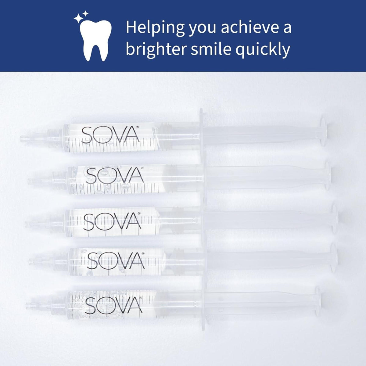 Pack of five teeth whitening gel syringes for dental treatment with peroxide.