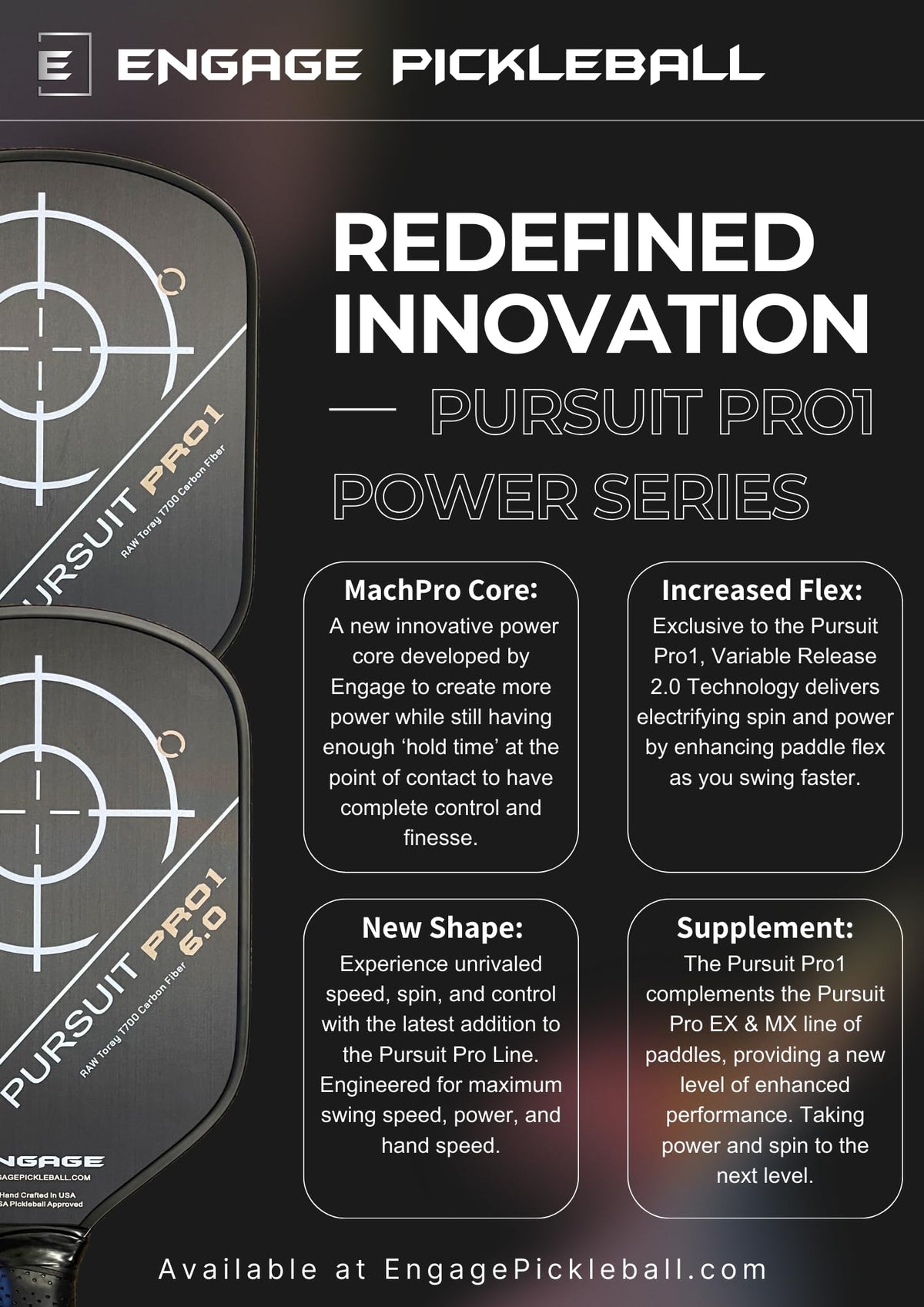 Engage Pursuit Pro1 Elongated 6.0 Pickleball Paddle, Arctic Gold Original Graphic - technology