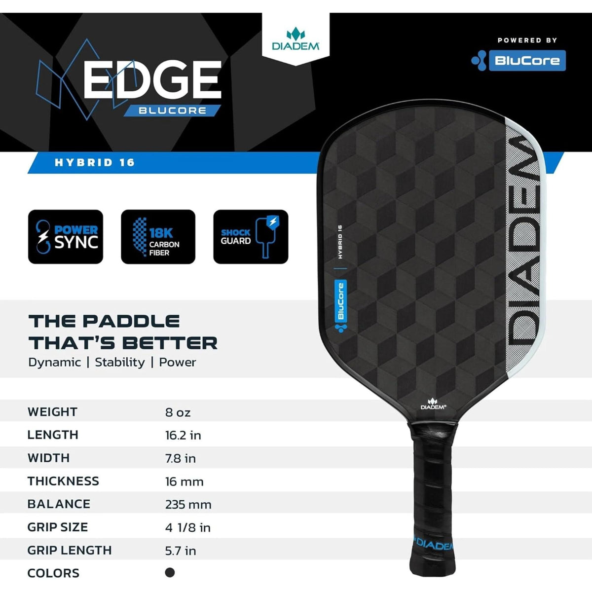 Diadem Edge BluCore Hybrid pickleball paddles featuring a carbon fiber face with geometric pattern, shown stacked with handles visible and product detail graphic.