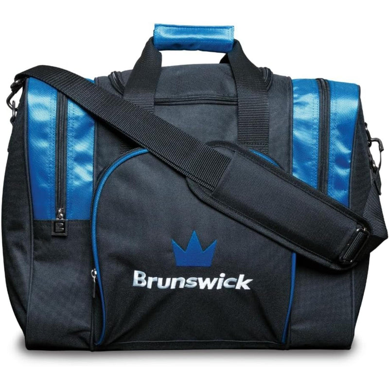 Single bowling ball tote bag with a zippered main compartment, padded shoulder strap, and multiple accessory pockets for convenient storage and transport.