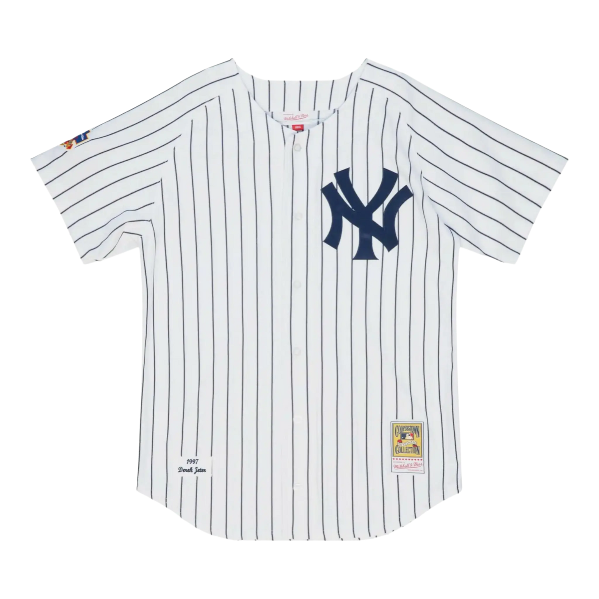 Mitchell & Ness Authentic New York Yankees 1997 Derek Jeter Men's Baseball Jersey — White/Navy Pinstripe
