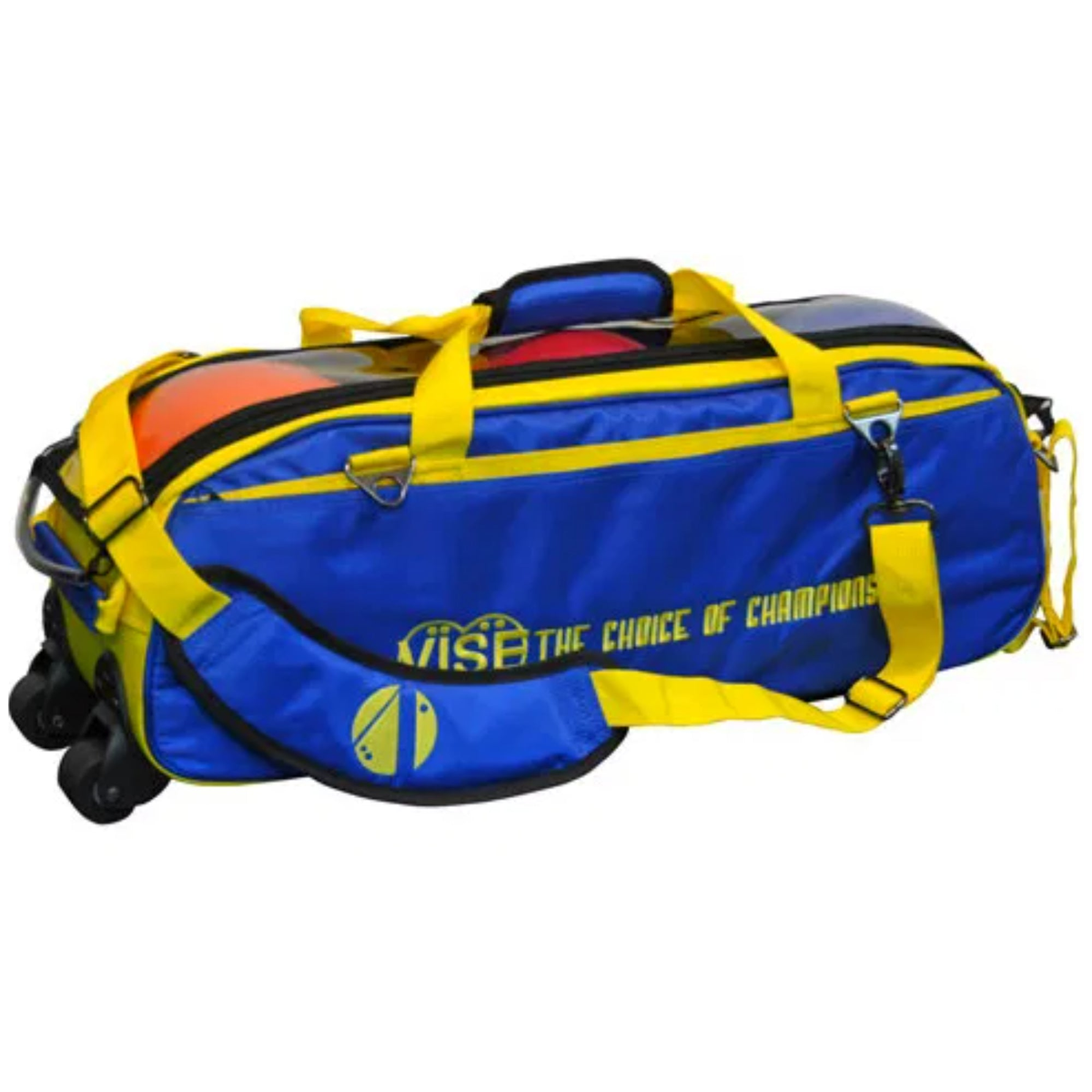 Vise 3 Ball Clear Top Roller Tote Bowling Bag in Blue/Yellow - front view