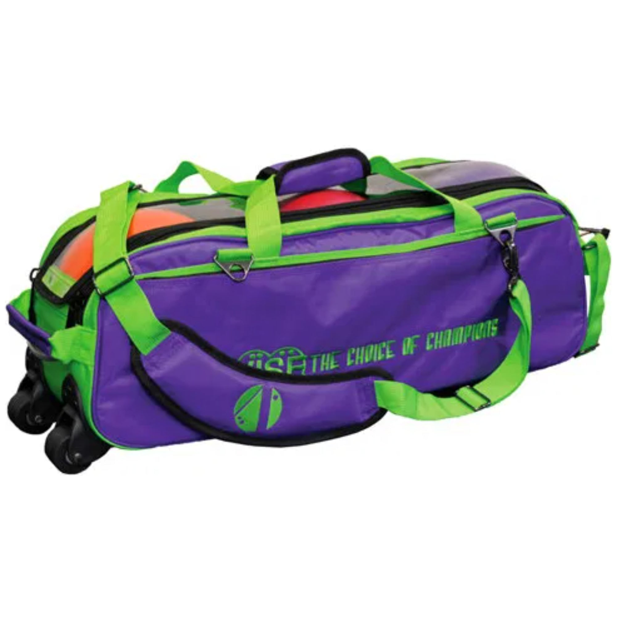 Vise 3 Ball Clear Top Roller Tote Bowling Bag in Lime/Purple - front view