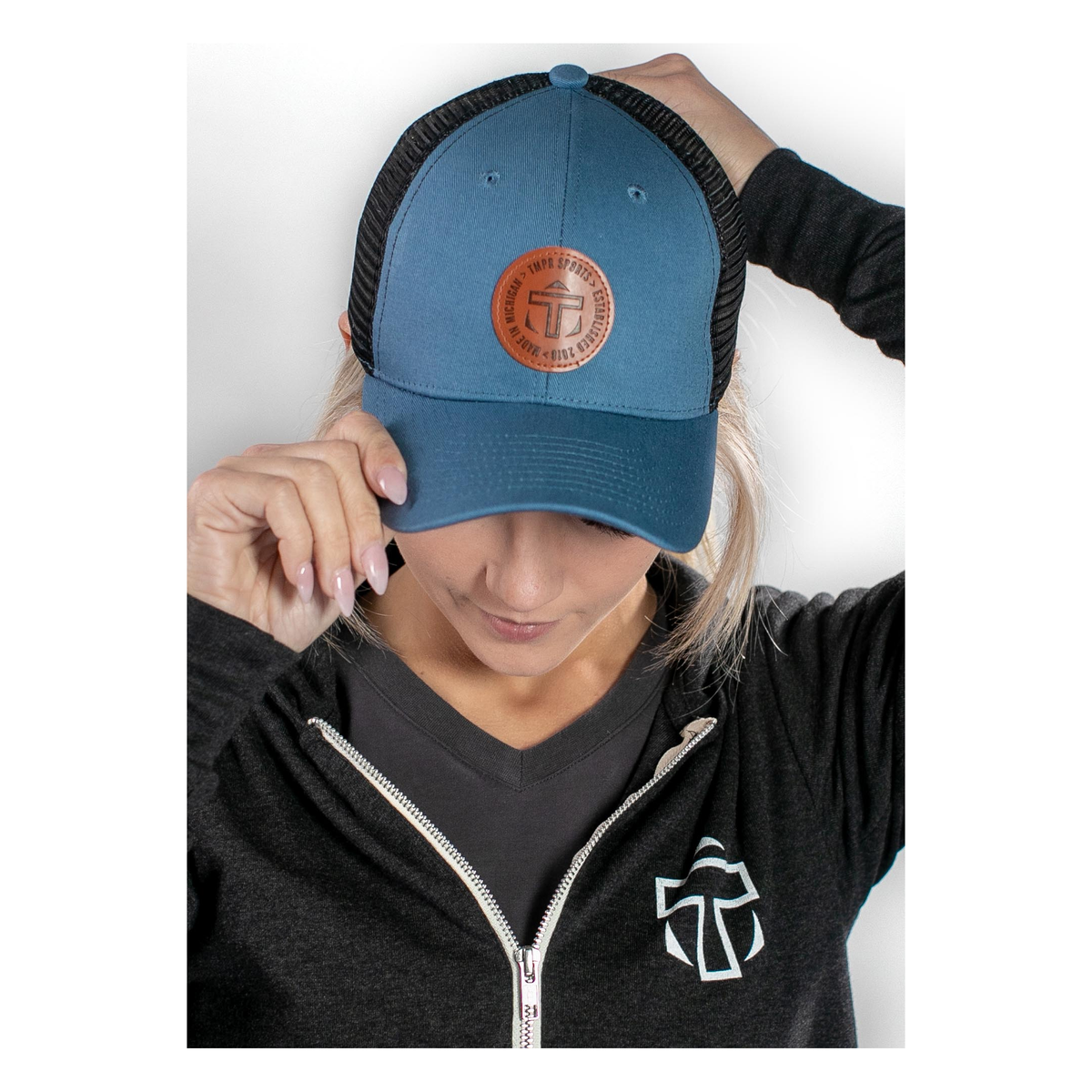 TMPR Legacy Trucker Cap, Blue and Black - Detail View 3
