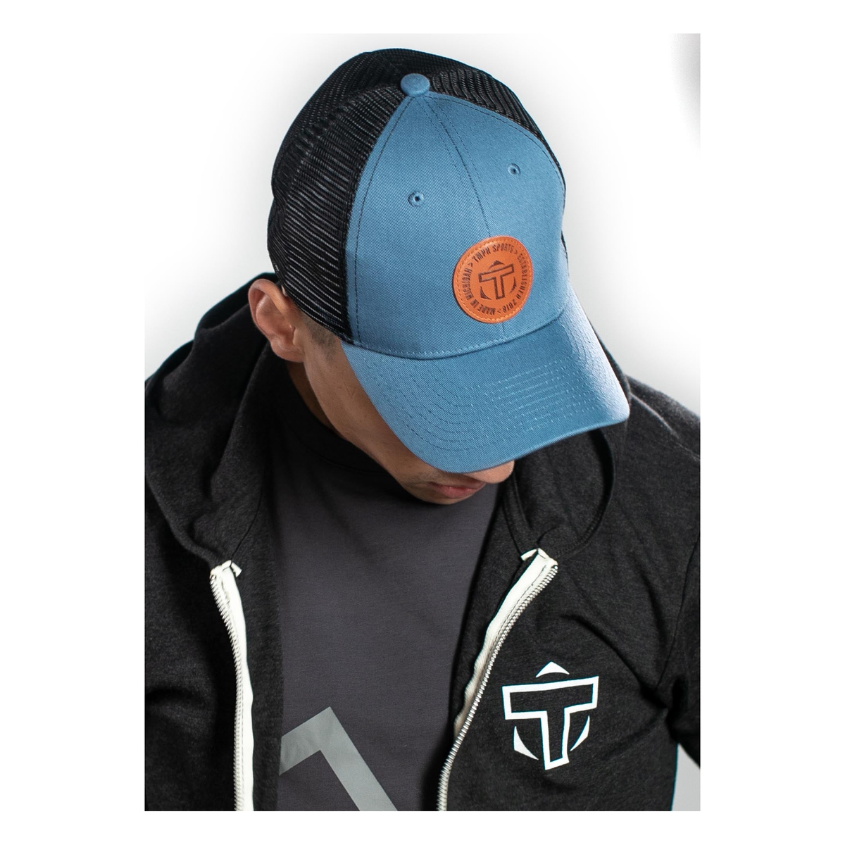TMPR Legacy Trucker Cap, Blue and Black - Detail View 1