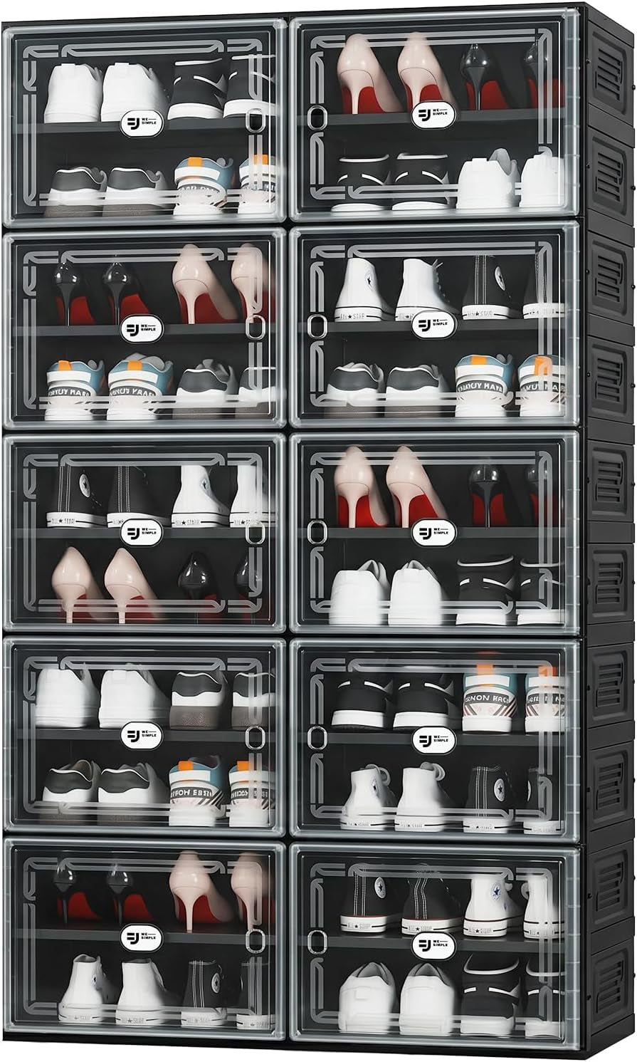2Row Shoe Cabinet, Black, Clear Magnetic Doors, Collapsible Enclosed Storage - View 2