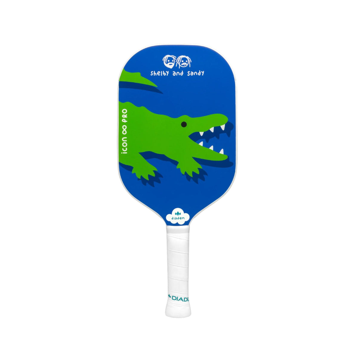 Diadem Icon Infinity Pro pickleball paddle featuring a playful all-over pattern with assorted icons, shown upright with a wrapped handle.