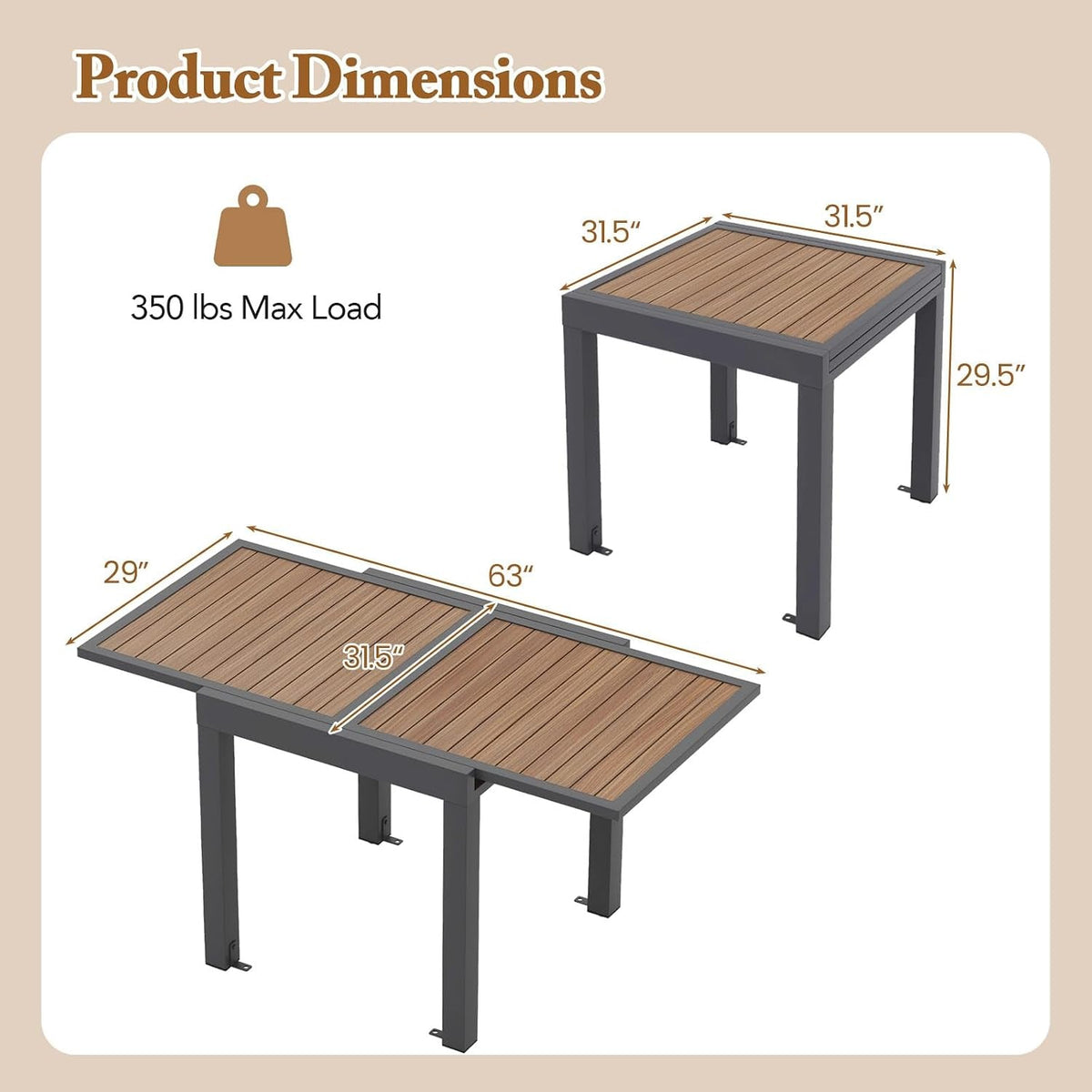 31.5, 63 in Aluminum Extendable Patio Table, Seats 4, 6 - View 8