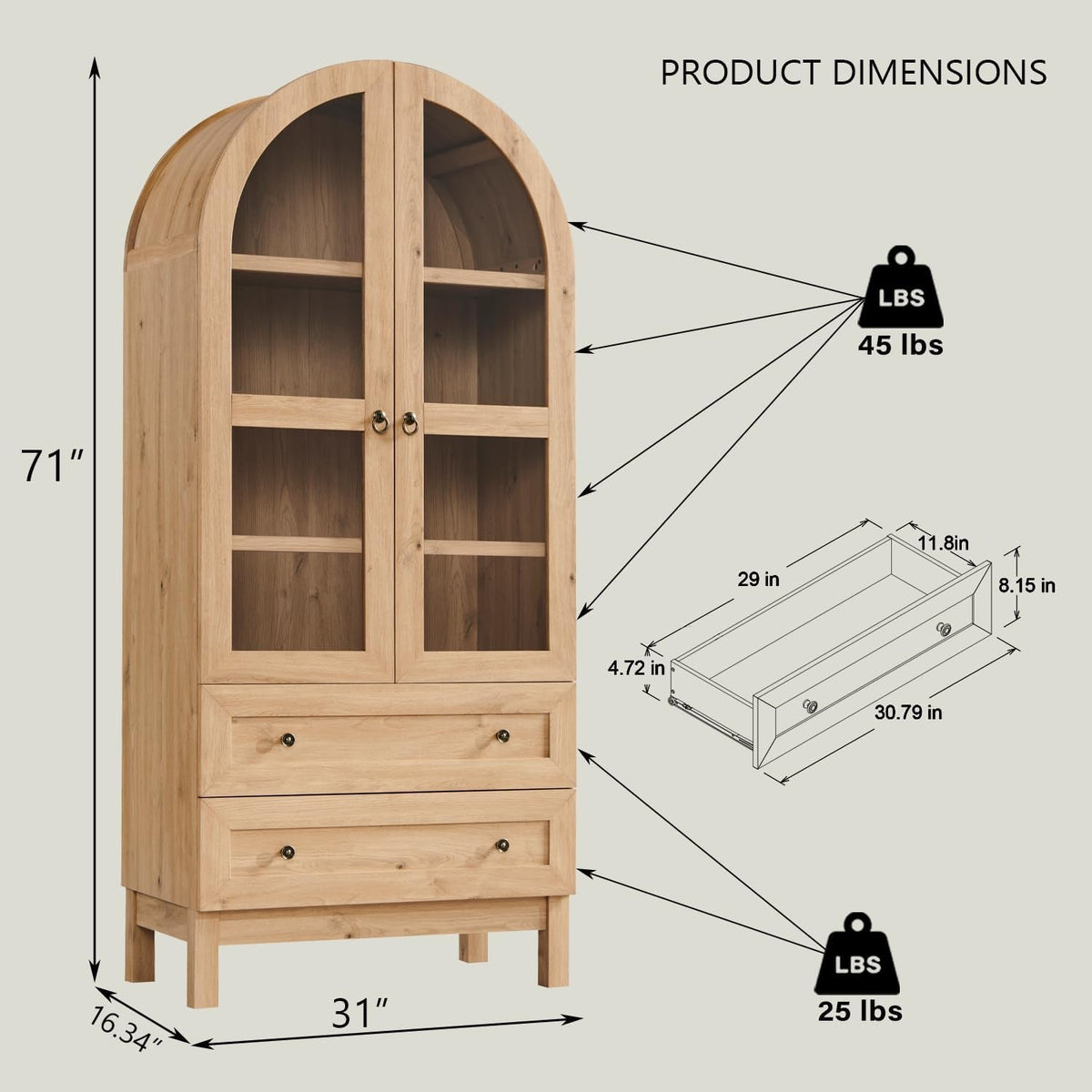 71" Tall Arched Pantry Cabinet with Glass Doors, 2 Drawers & Engineered Wood Legs - View 3