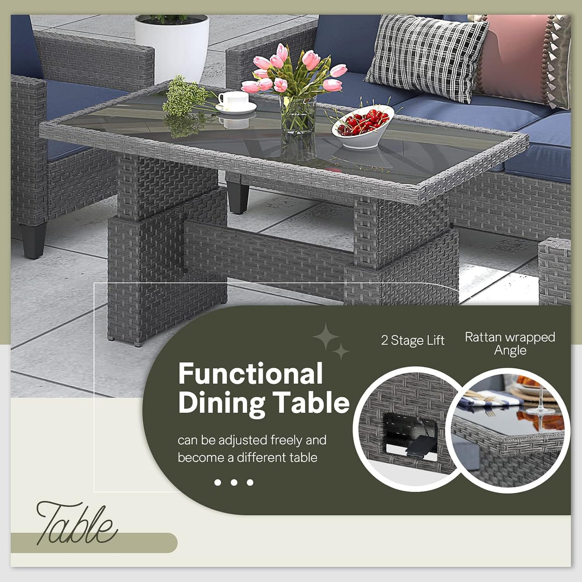 Rectangular Lift-Top Outdoor Table, Grey Resin Wicker with Glass Top - View 6