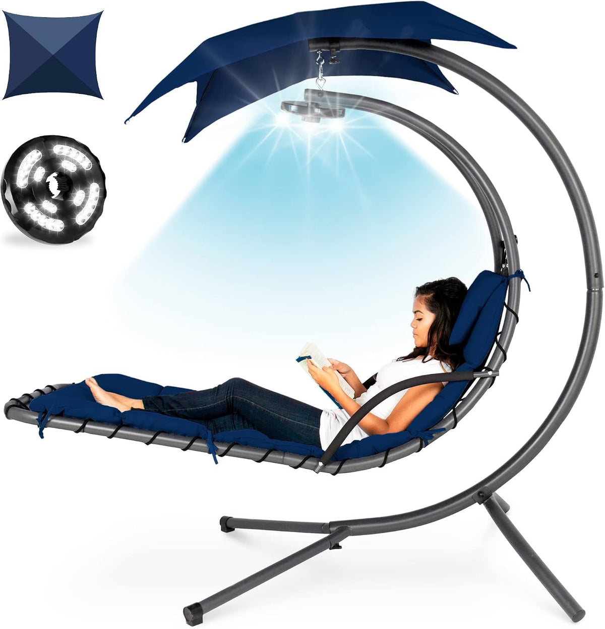 Hanging Chaise Lounge with Removable Canopy and Grey LED Reading Light Option - View 16
