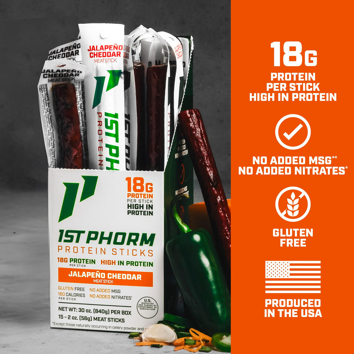 1st Phorm Protein Sticks, Jalapeno Cheddar, 18g Protein, 15 Count - view 3
