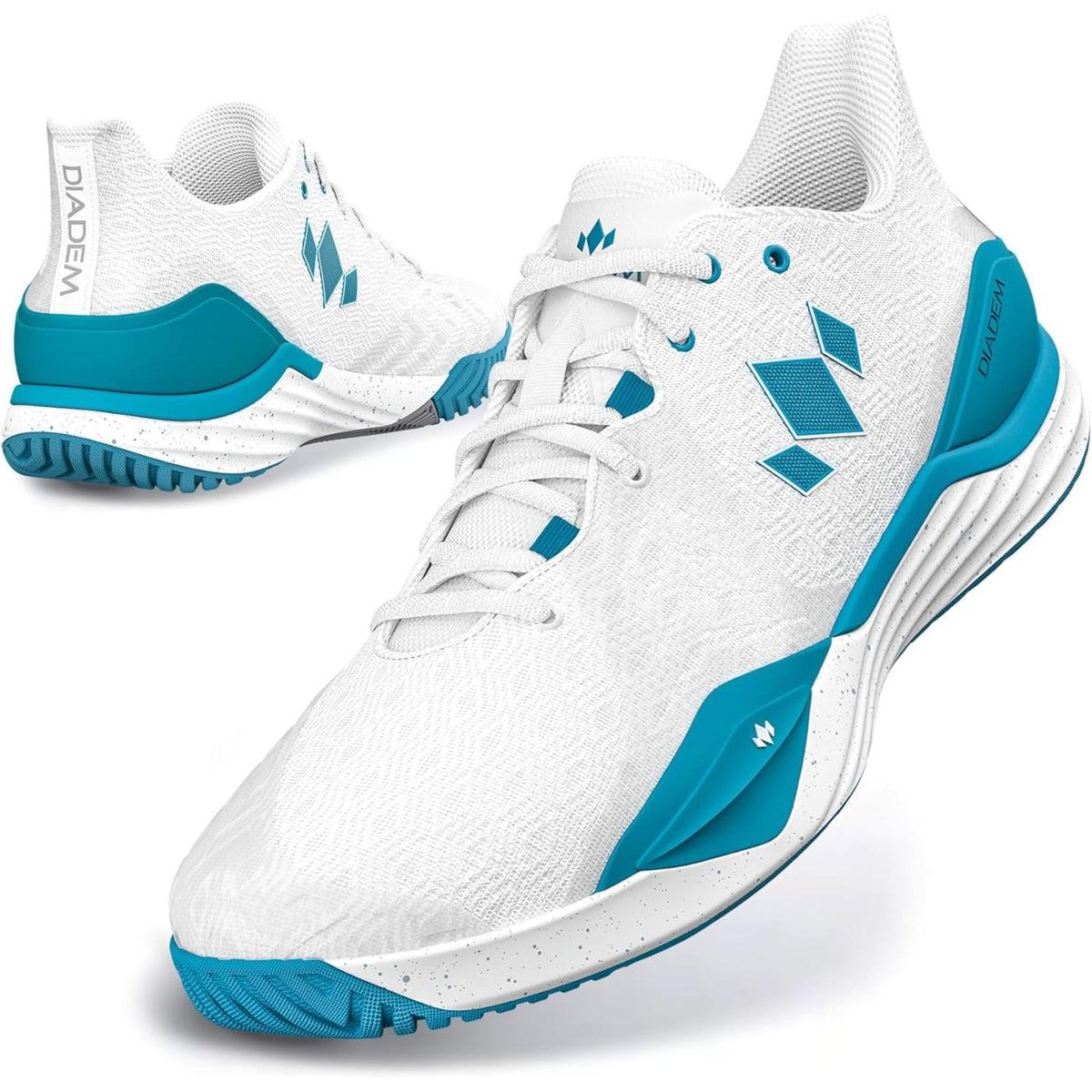 Pair of athletic court shoes with lace-up design, cushioned soles, and supportive structure for court play.