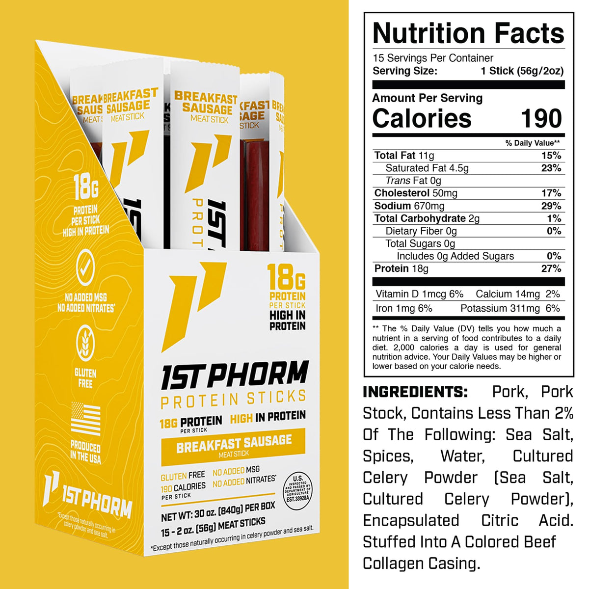 1st Phorm Protein Sticks, Breakfast Sausage, 18g Protein, 15 Count - view 2