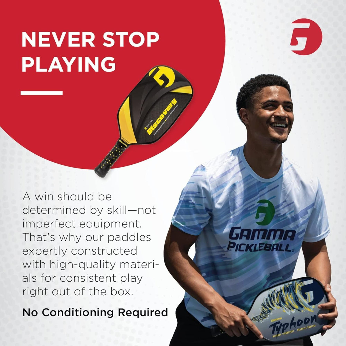 Pickleball paddle with a wide composite face, perforated surface pattern, and cushioned grip handle designed for control and durability.
